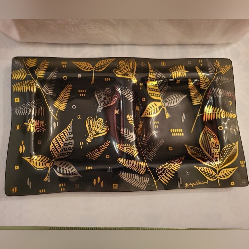 Vintage Mint George Briard Design Divided Smoke Glass Tray w/Gold & Silver Bees